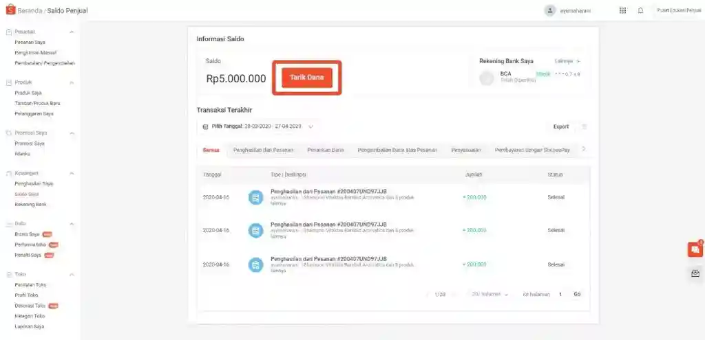 cara penarikan saldo penjual shopee